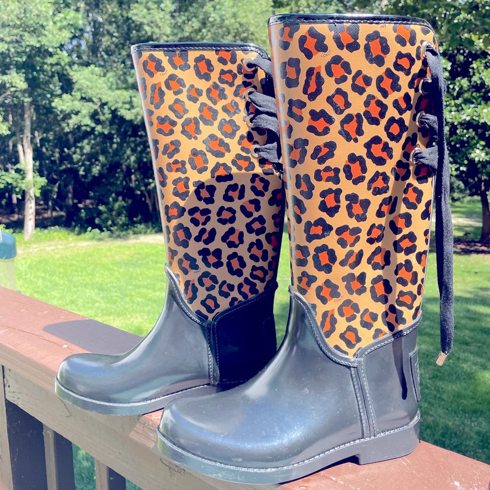 LIKE NEW Coach tall rain boots - leopard